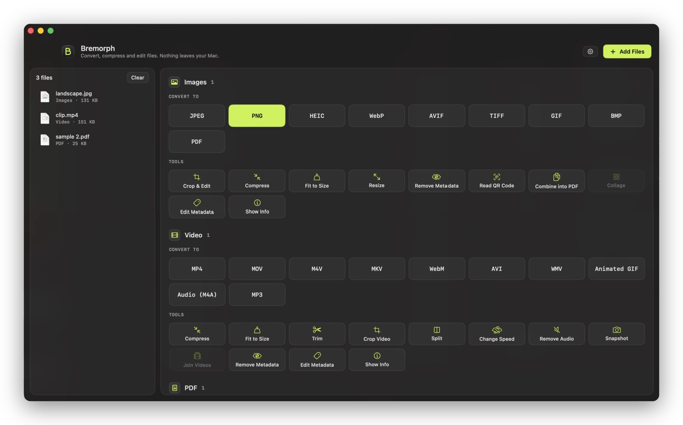 The Bremorph window with three files and their formats and tools